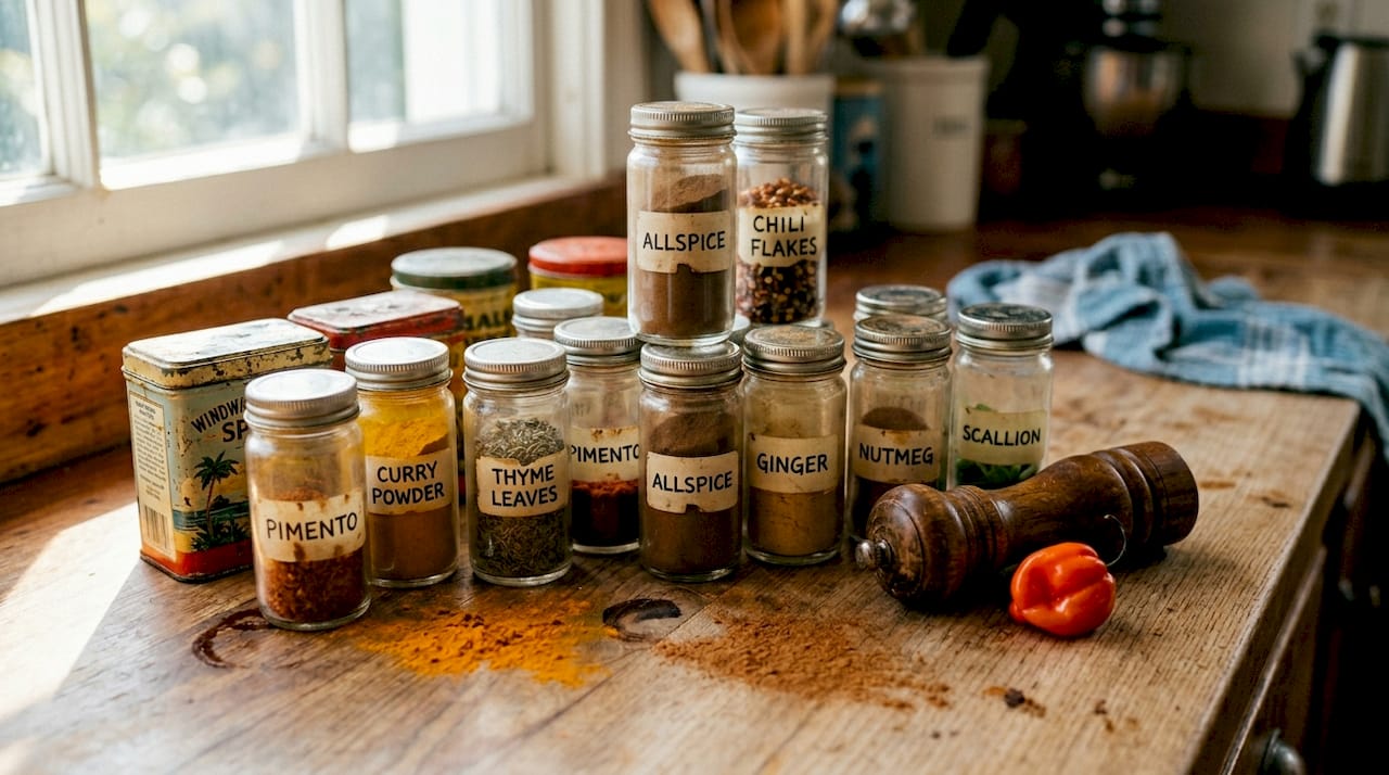 Assorted Caribbean spice jars on kitchen counter