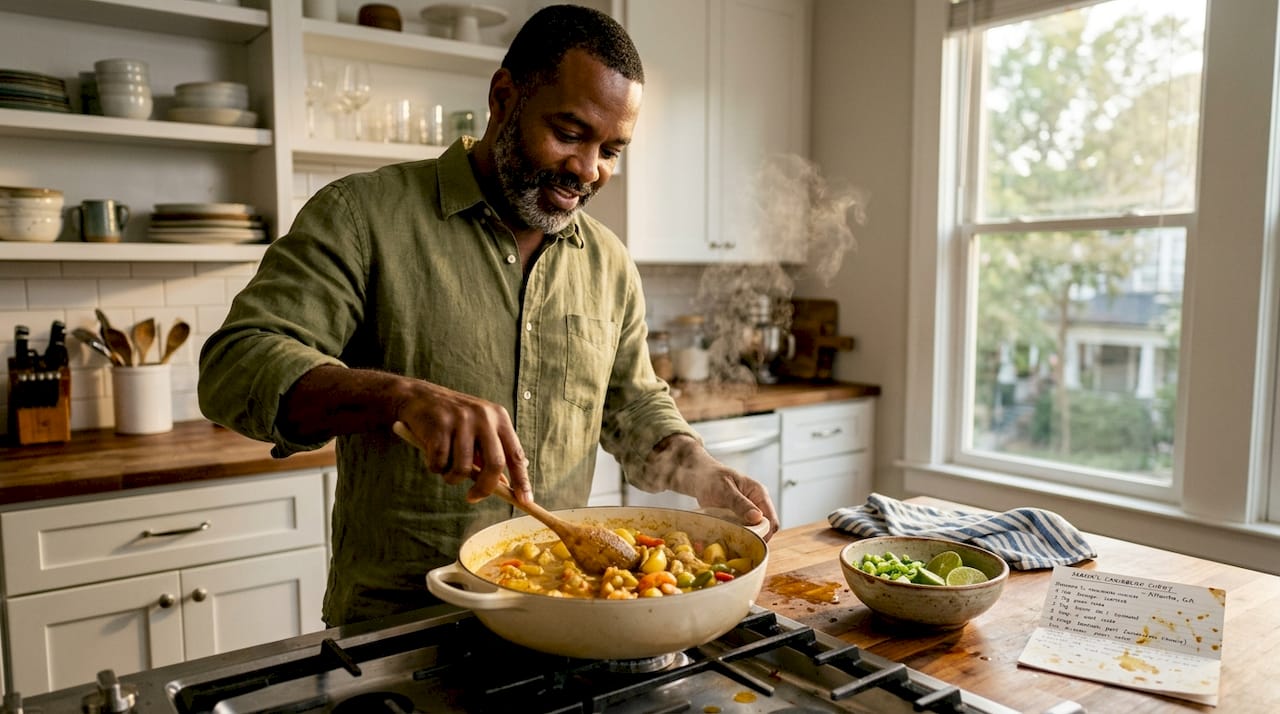 Cooking chicken and prawn curry on stovetop