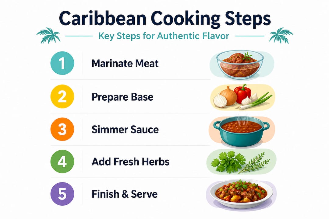 Infographic showing Caribbean cooking step sequence