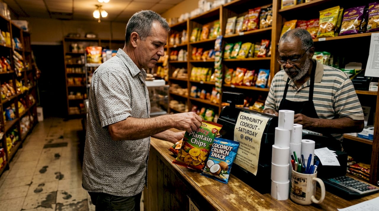 Caribbean grocery store snack selection moment
