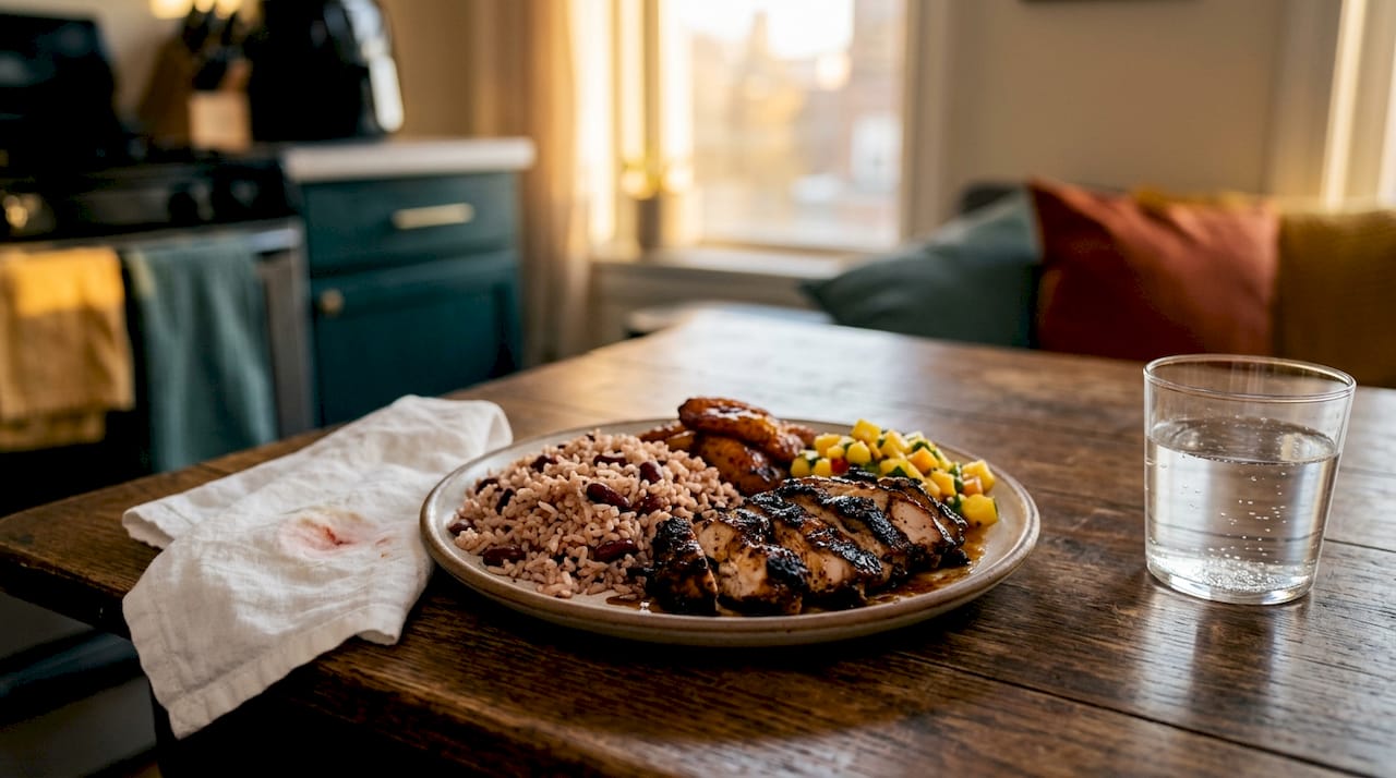Jerk chicken and rice and peas meal plate