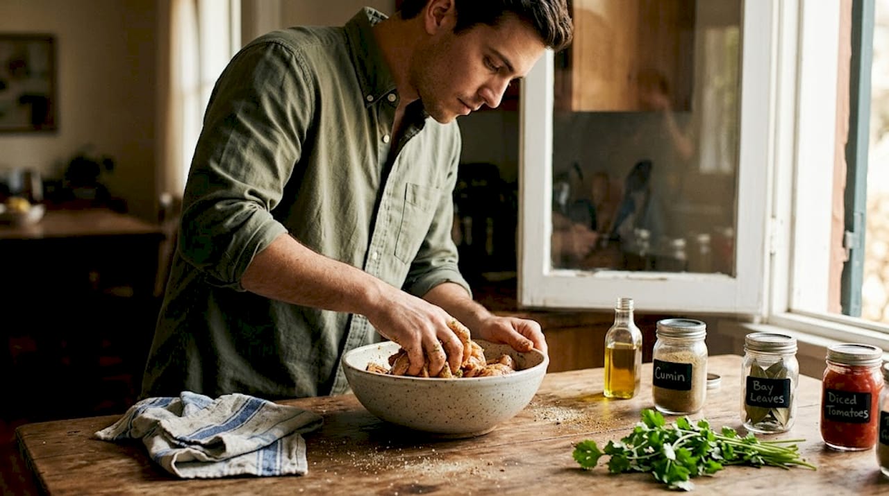 Man mixing curry chicken marinade at kitchen counter