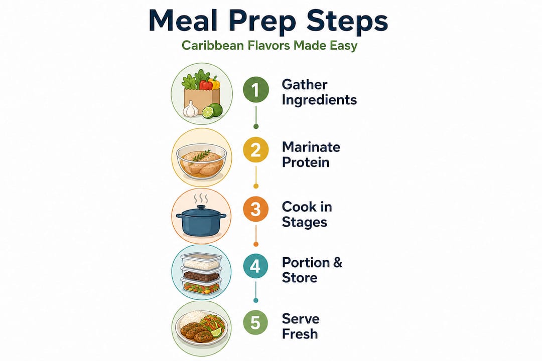 Infographic illustrating five steps for Caribbean meal prep