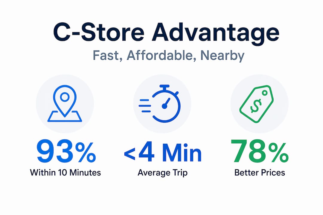 Infographic showing store proximity, trip time, value stats