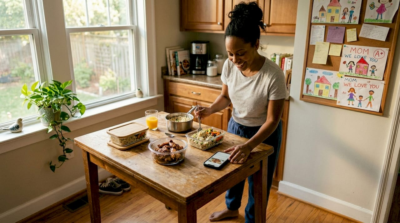 Parent prepping quick meal in busy kitchen