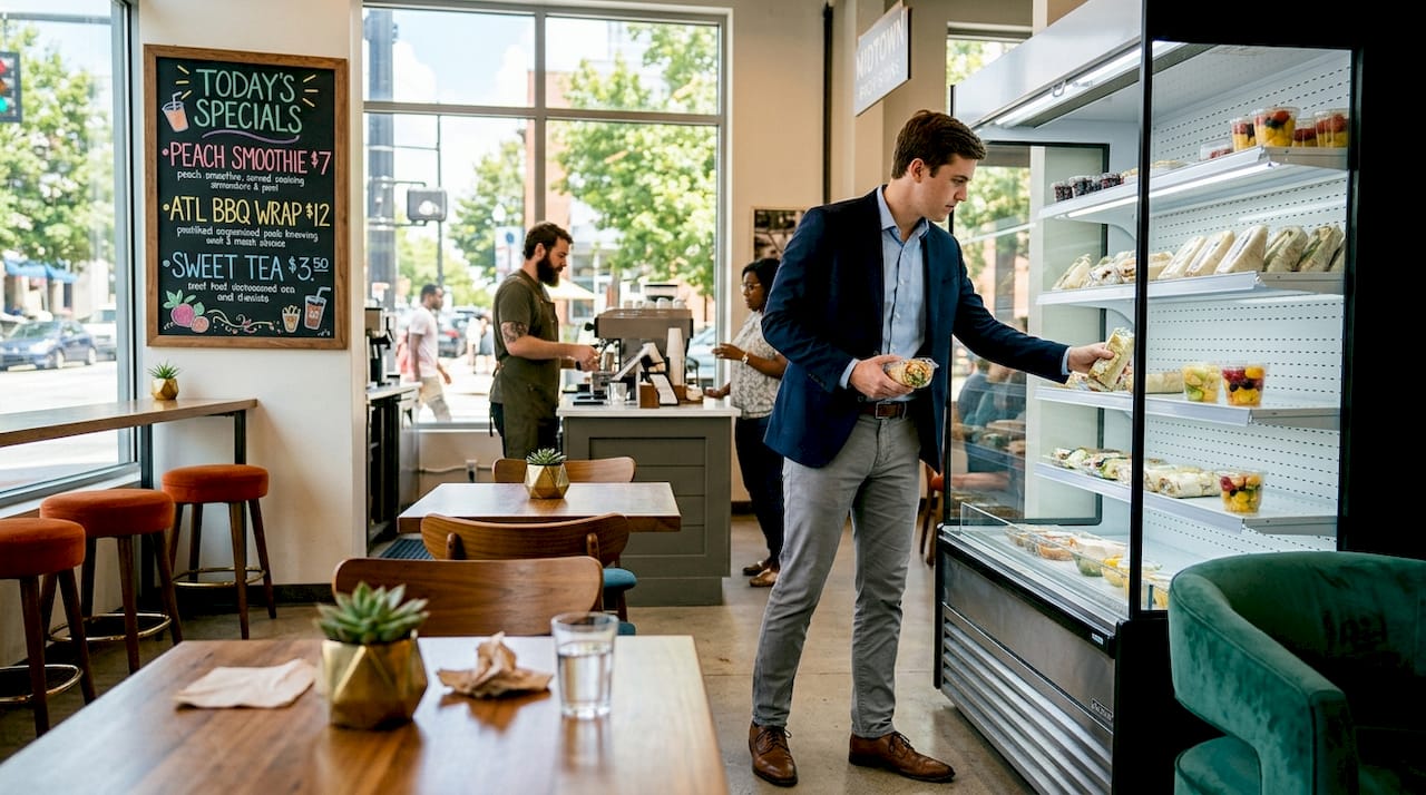 Customer choosing grab-and-go lunch in store
