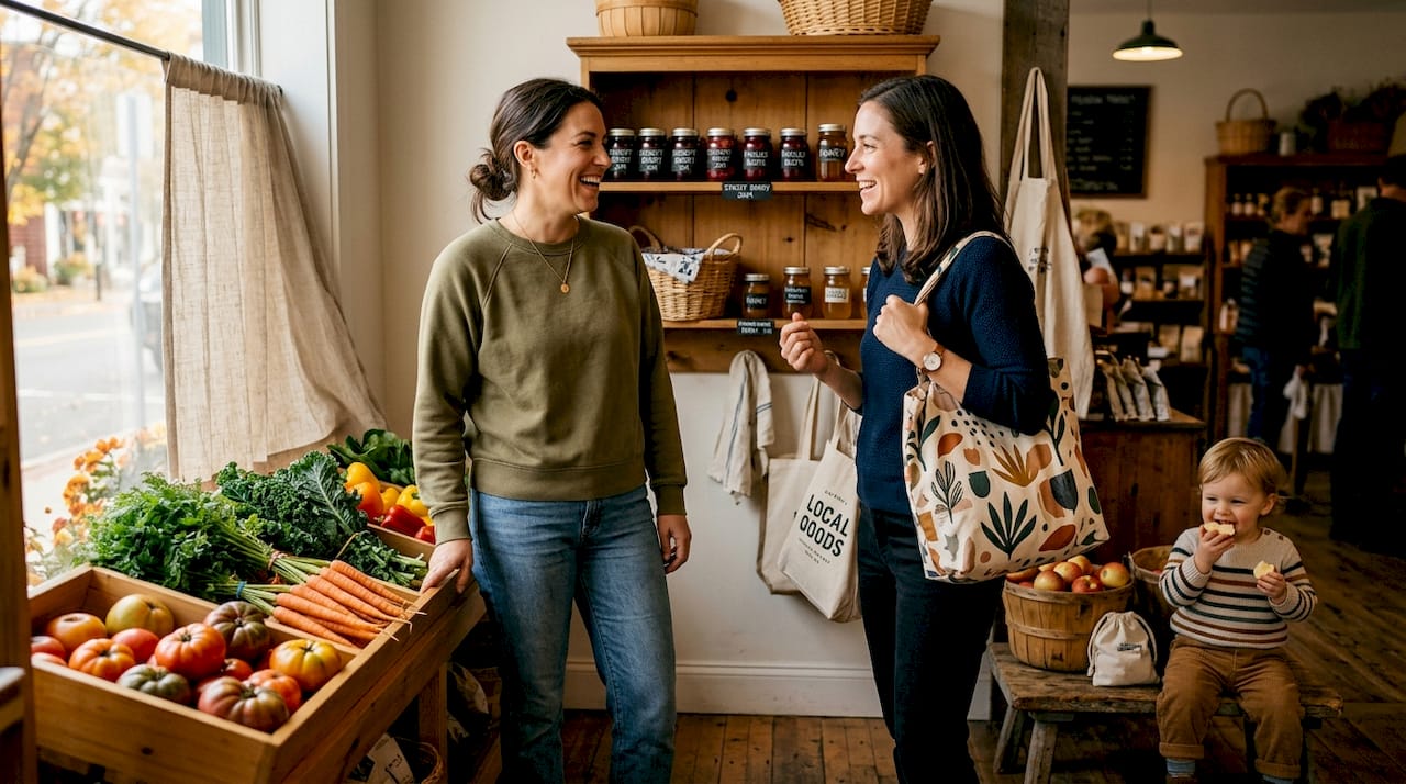 Neighbors chat inside small grocery store