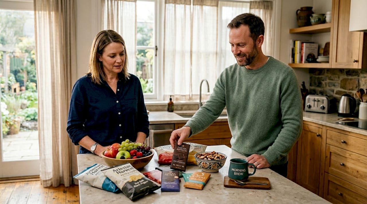 Coworkers select snacks in break room