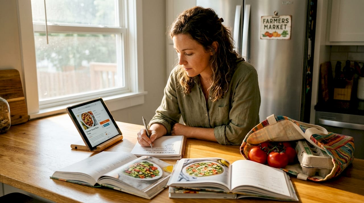Woman planning meals with grocery list in kitchen