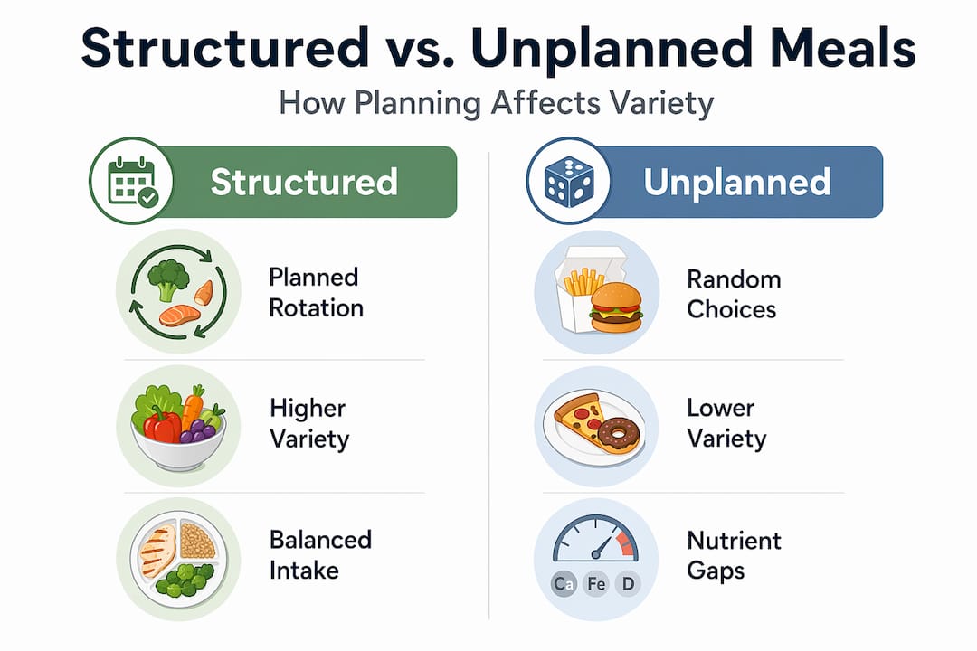Infographic comparing structured and unplanned meal approaches