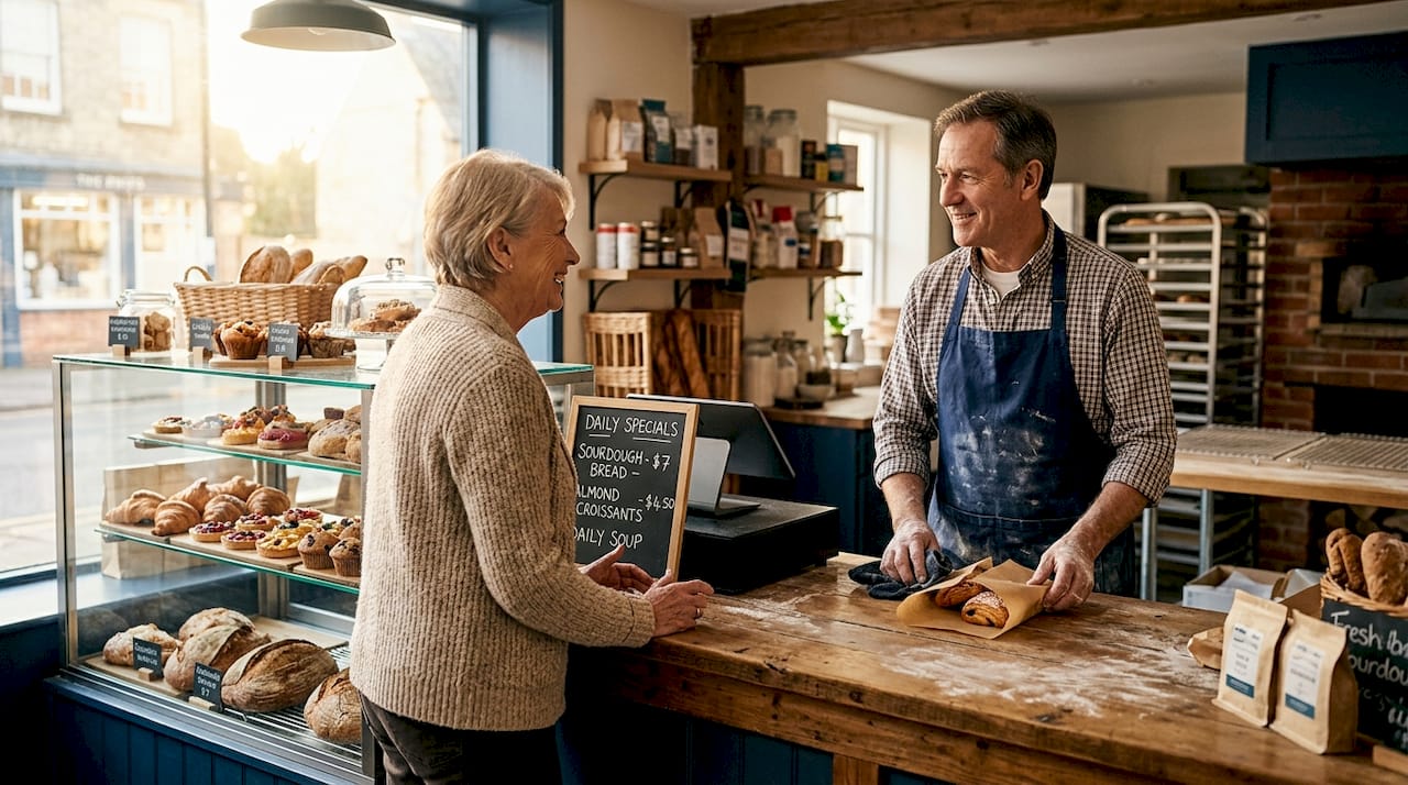 Customer talking with bakery shopkeeper