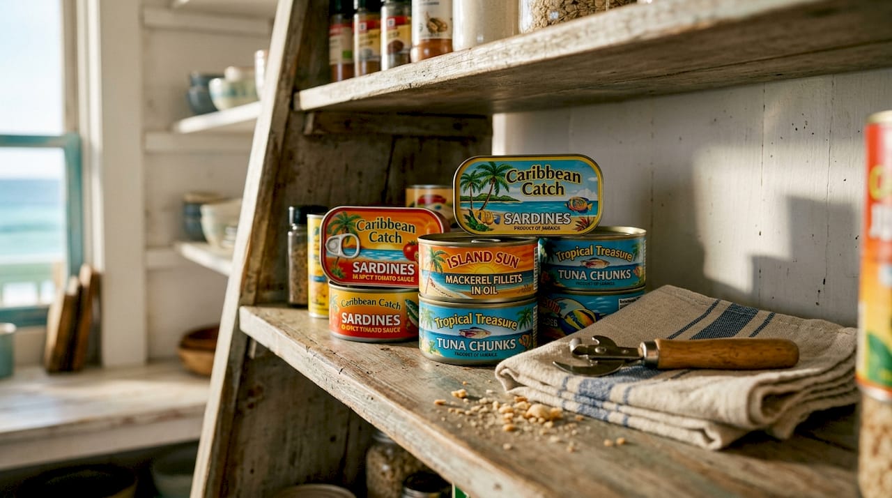 Pantry shelf with Caribbean canned seafood