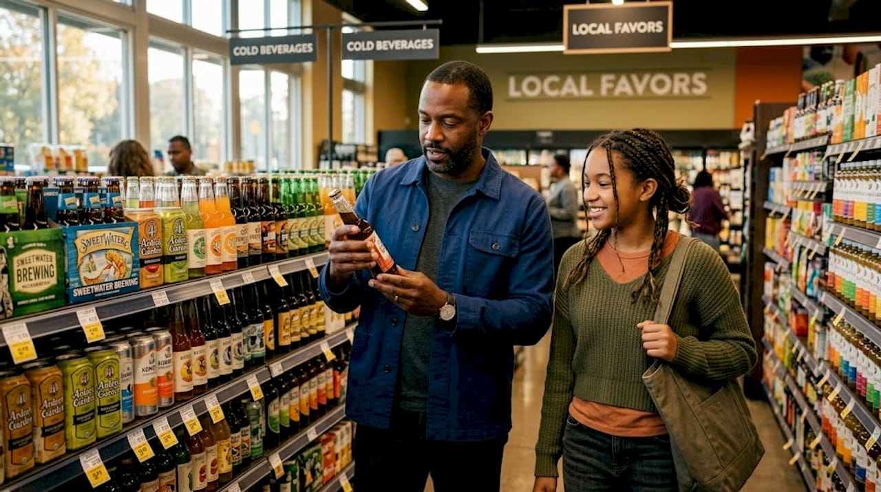 Shoppers browsing multicultural drink aisle Atlanta