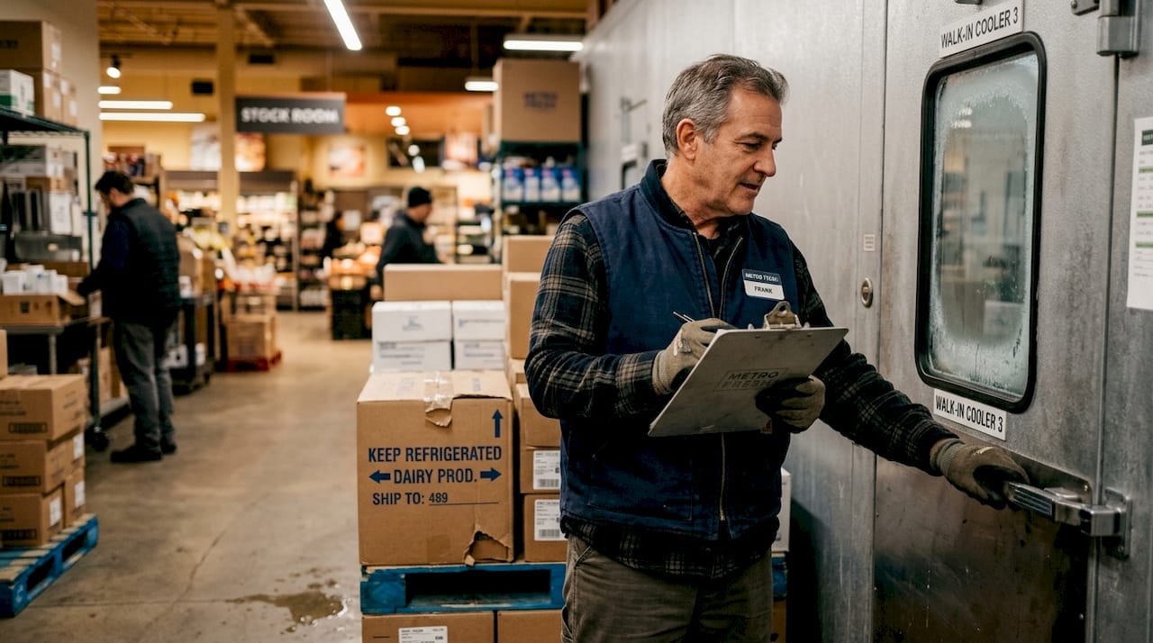Worker checks imported cold storage groceries