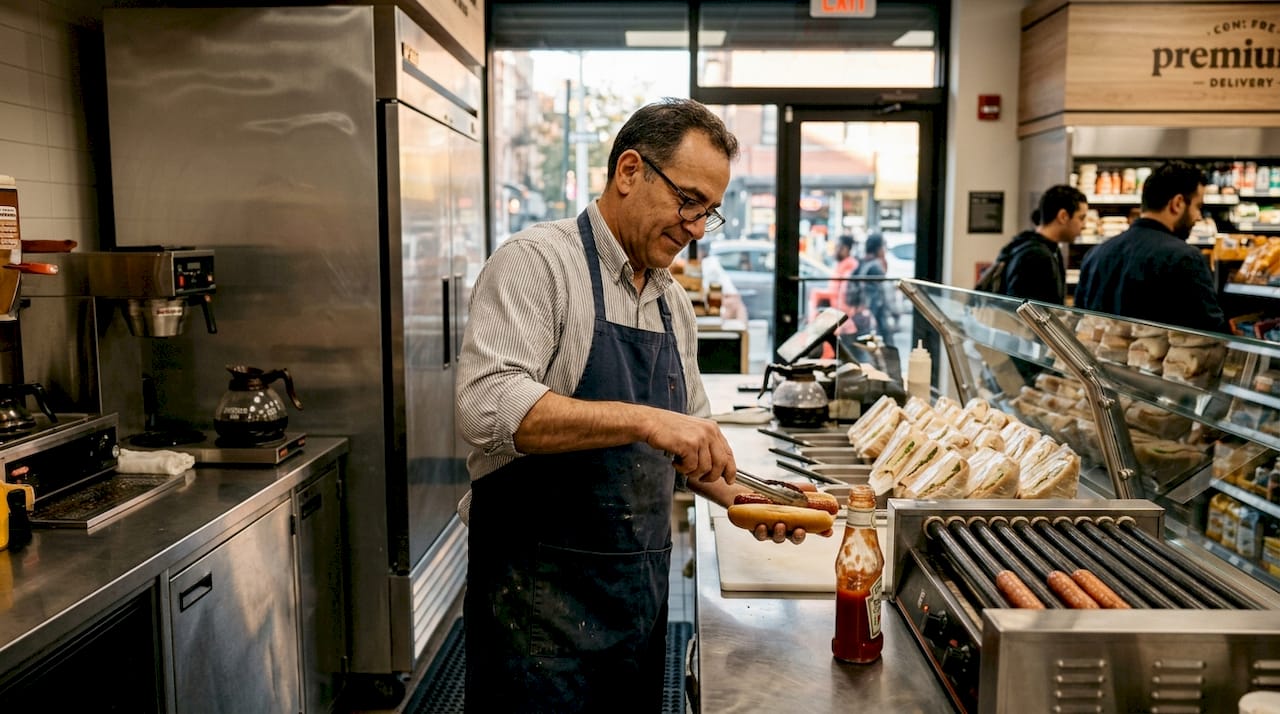 Clerk preparing food at convenience store counter