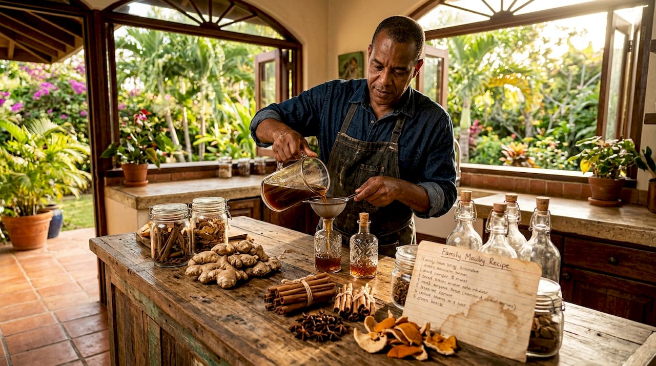 Man preparing traditional Caribbean beverage at home