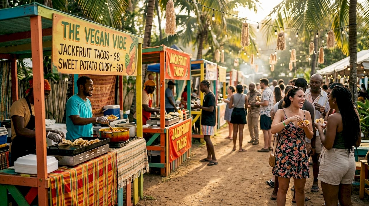 Caribbean street food market with vegan options