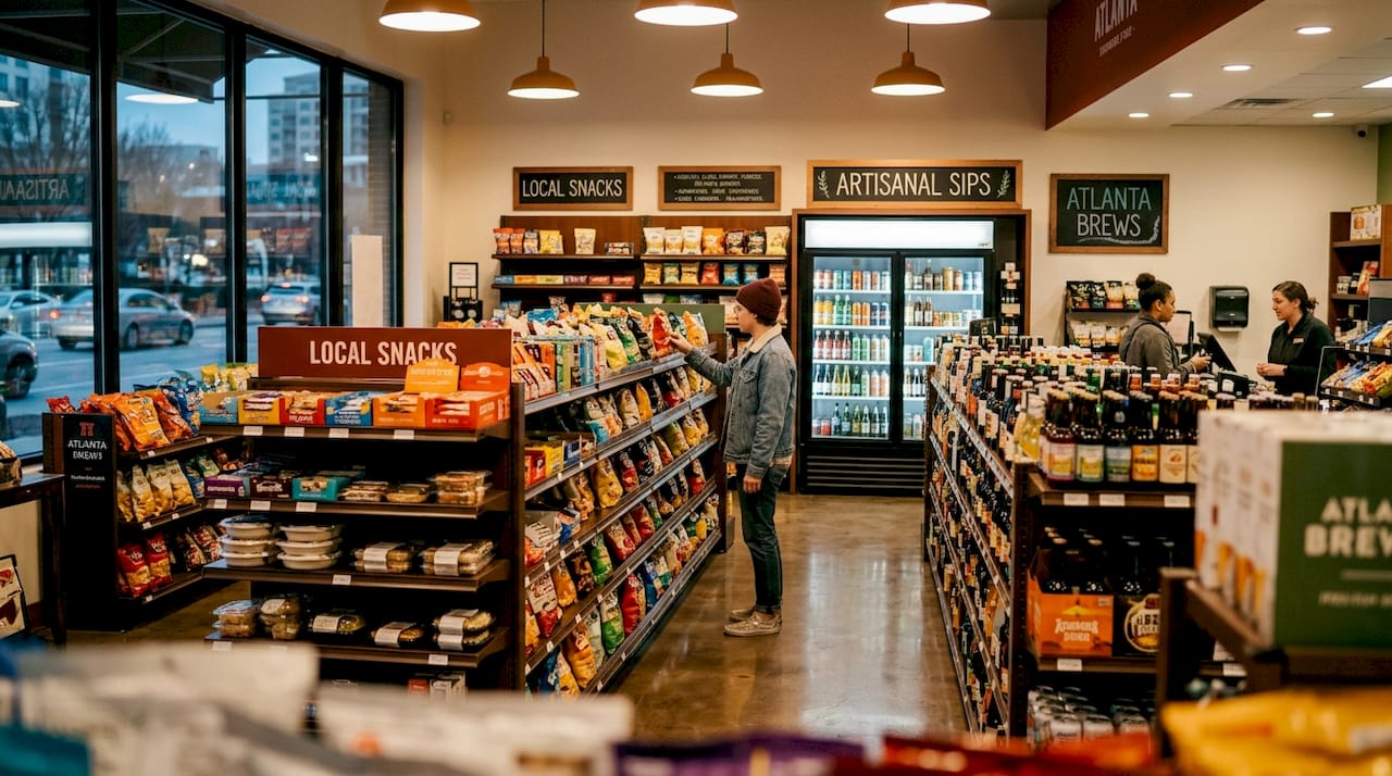 Aisle inside Atlanta convenience store showing snacks and drinks