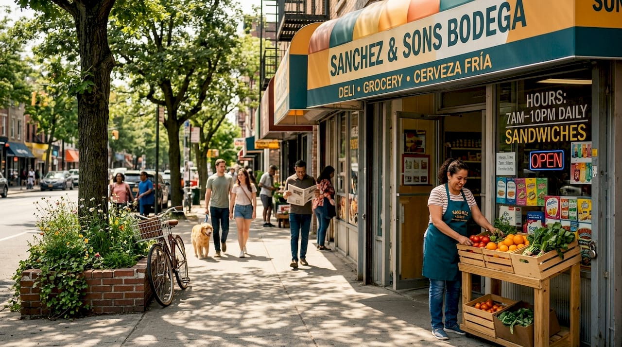Family-owned bodega storefront with street activity