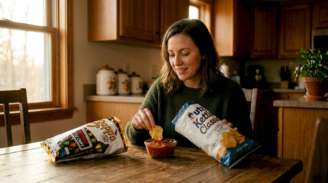 Person tasting regional kettle chips at home