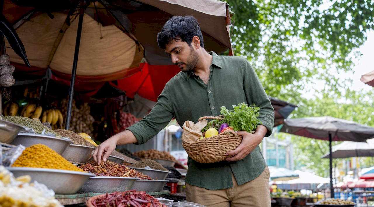 Man examining spices in ethnic grocery store aisle