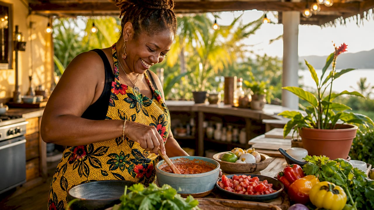 Woman stirring Caribbean sauce in kitchen