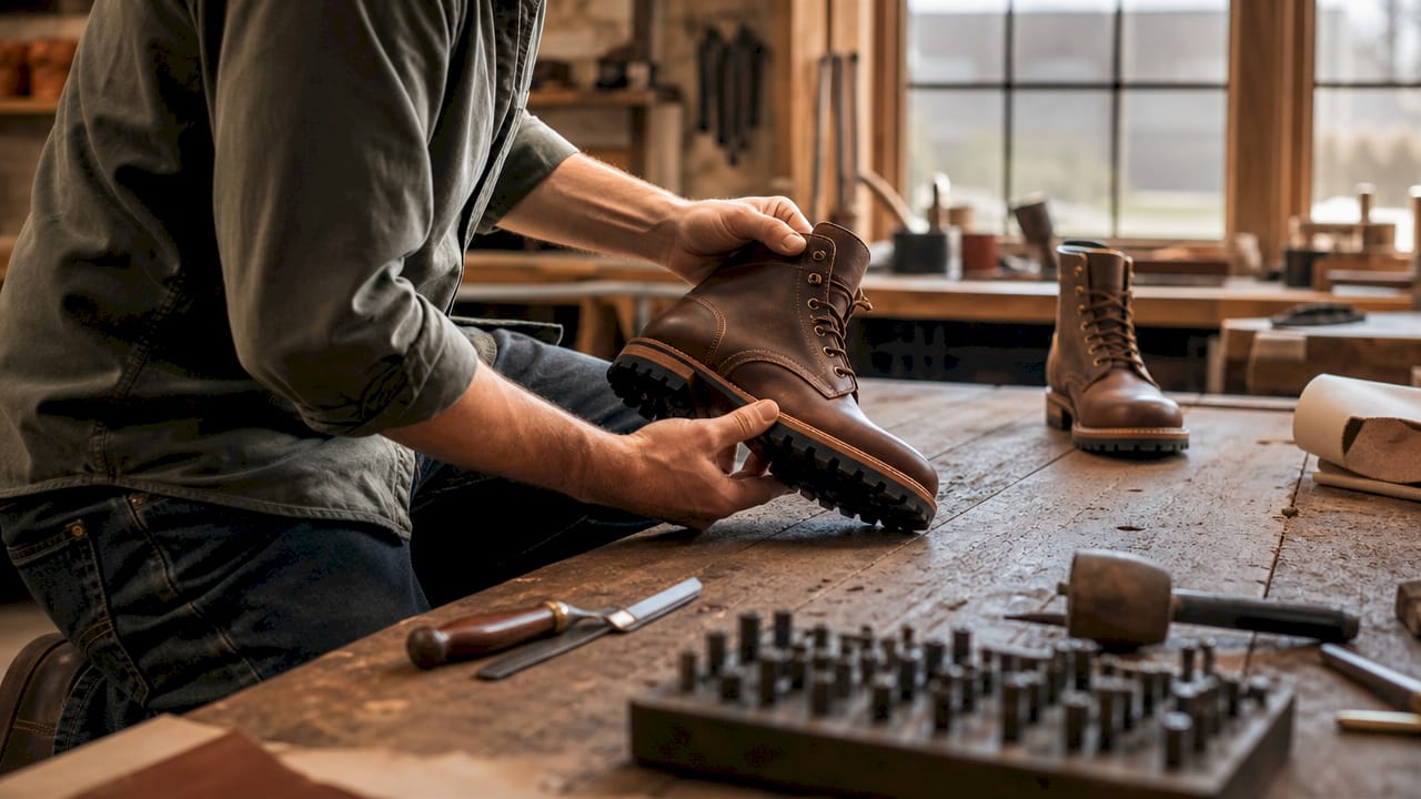 Close-up of craftsman's hands inspecting work boots