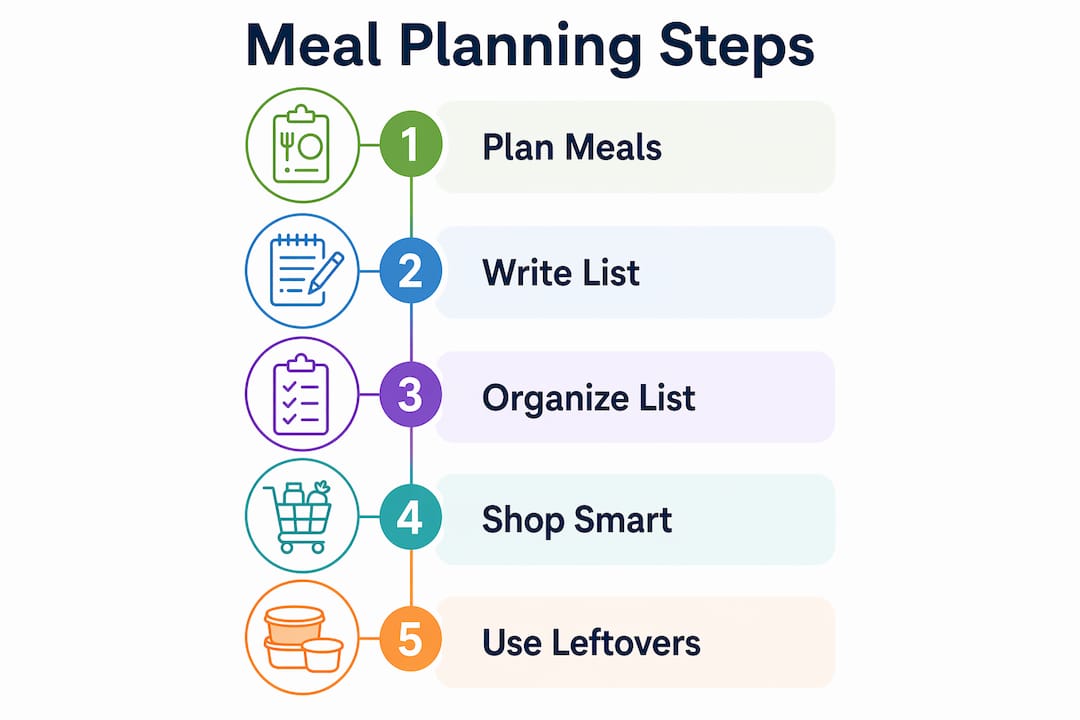 Infographic showing meal planning steps for grocery shopping