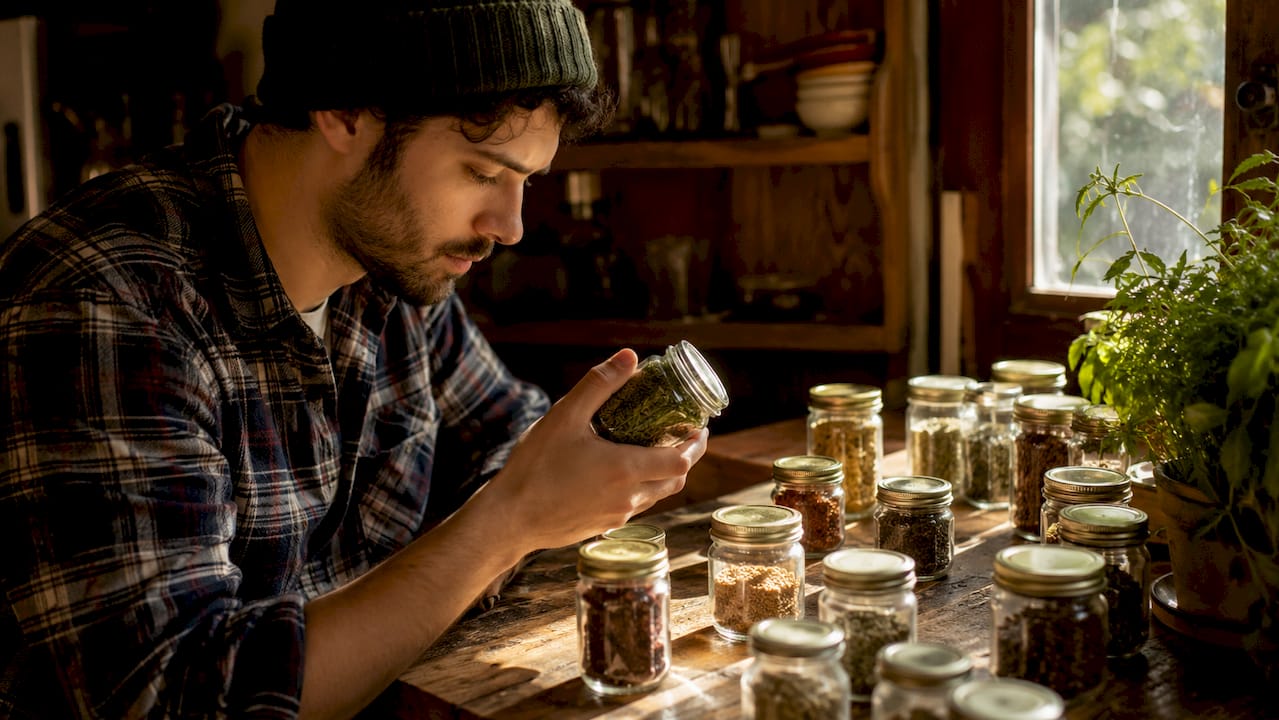 Man choosing fresh spices outdoors