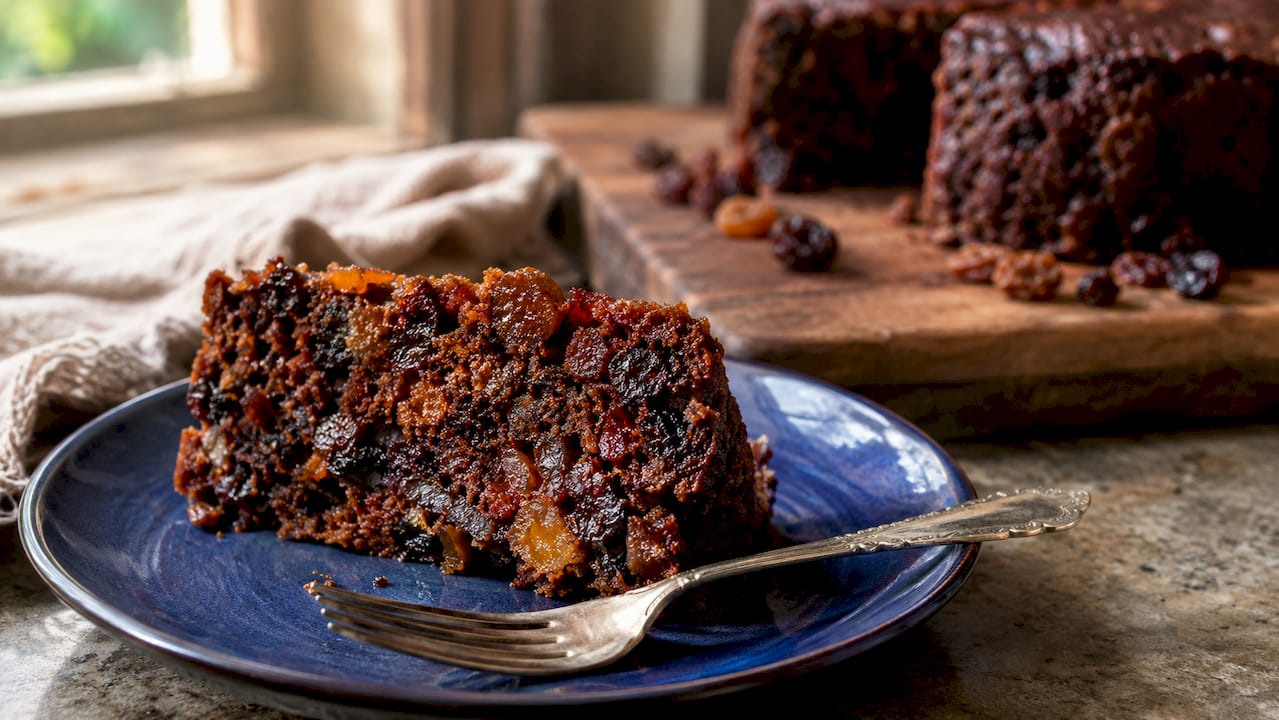 Close-up of sliced Caribbean black cake texture