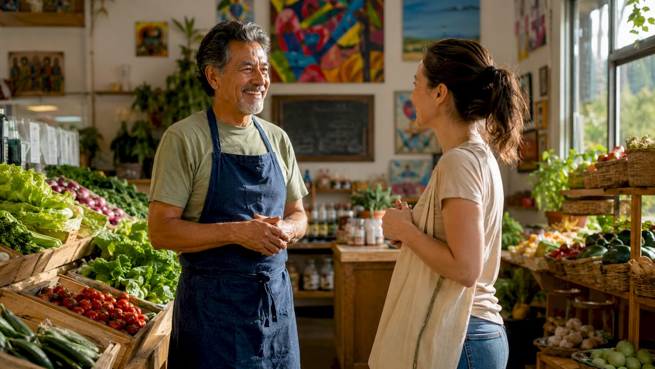 Small business owner engaging with local customer
