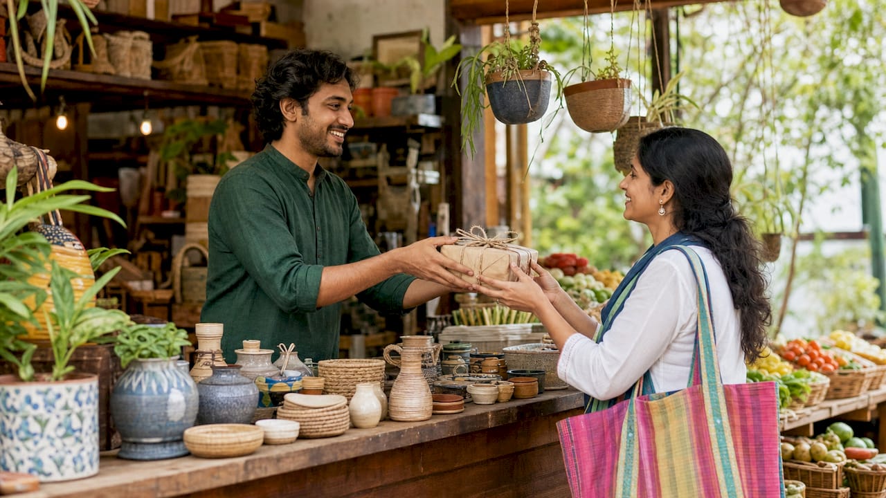 Retailer serving and chatting with customer
