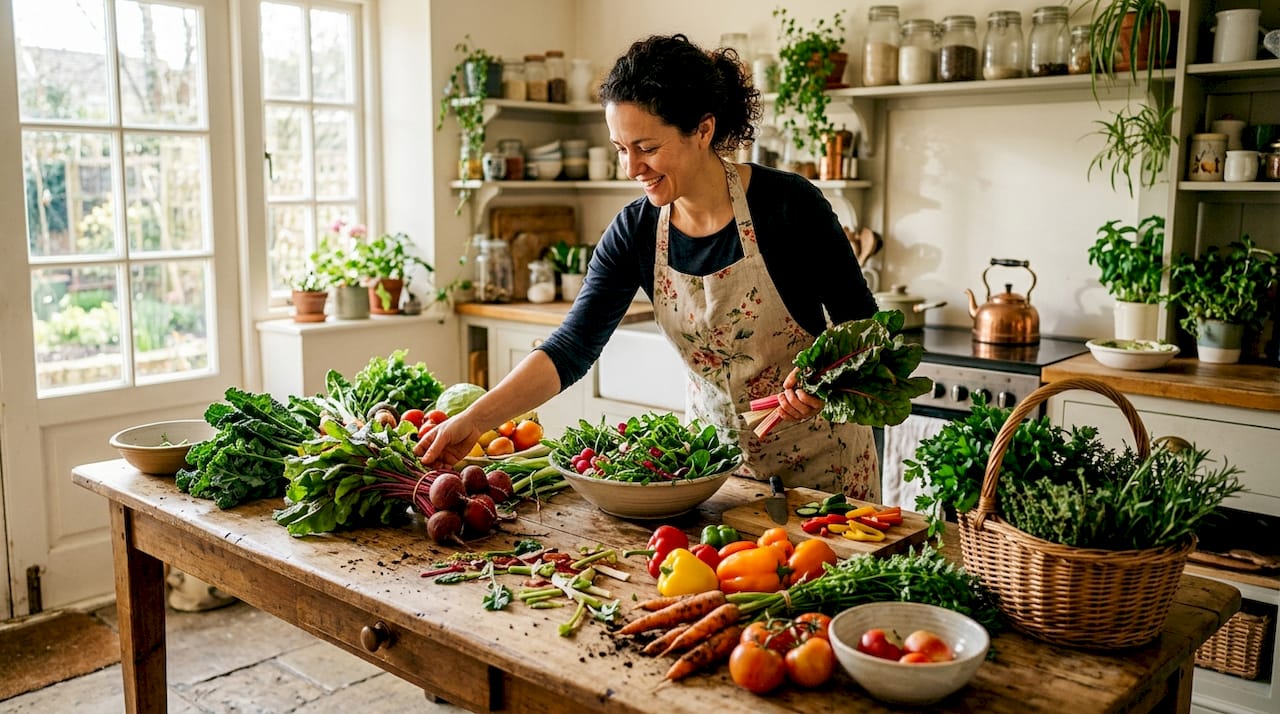Hands slicing varied fresh vegetables for gut health