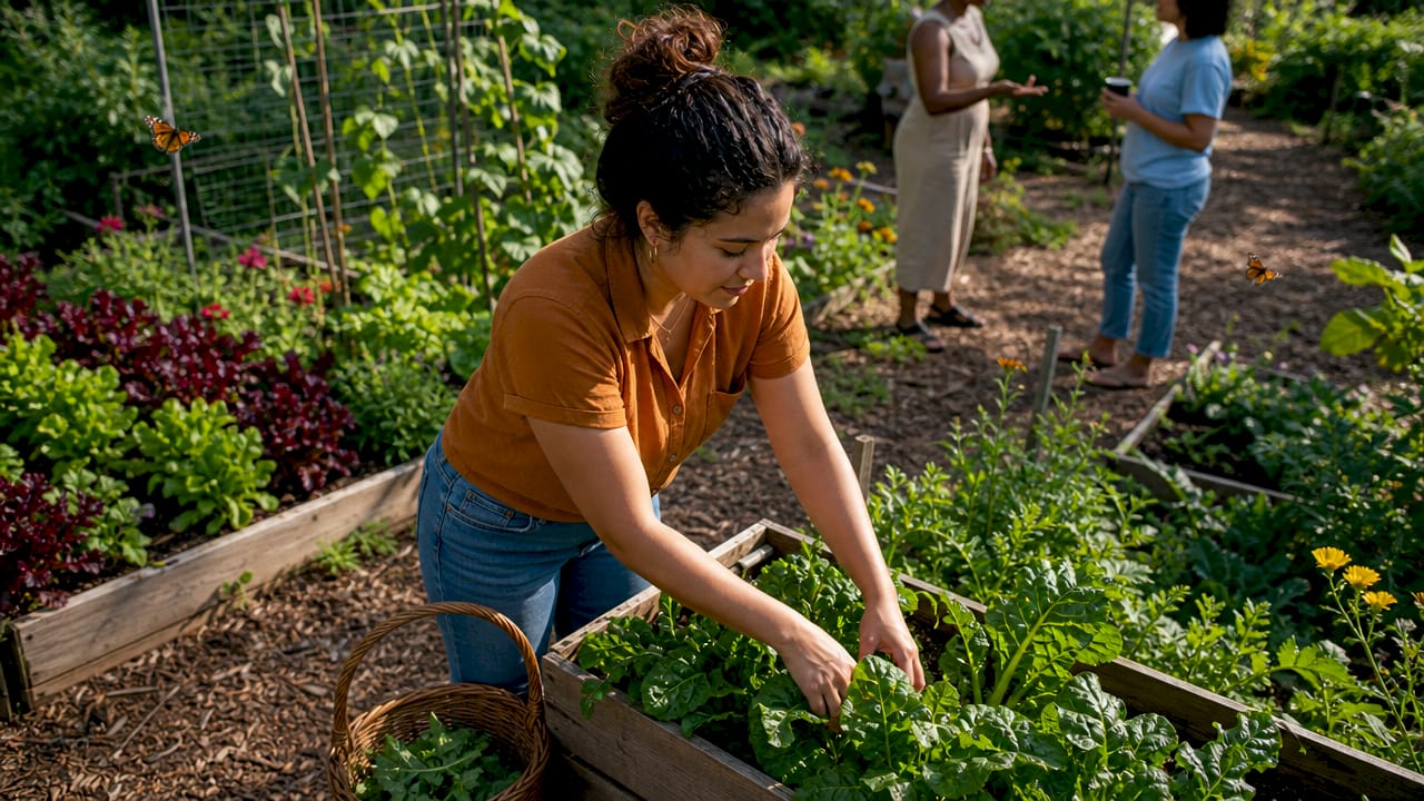Mother choosing fresh vegetables at community store