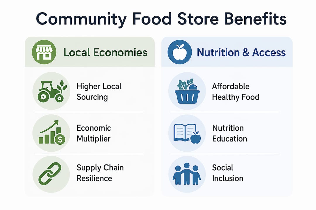 Infographic comparing economic and nutritional benefits of community food stores