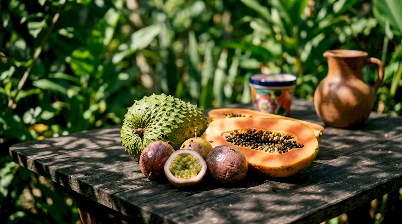 Close-up of assorted Caribbean tropical fruits indoors