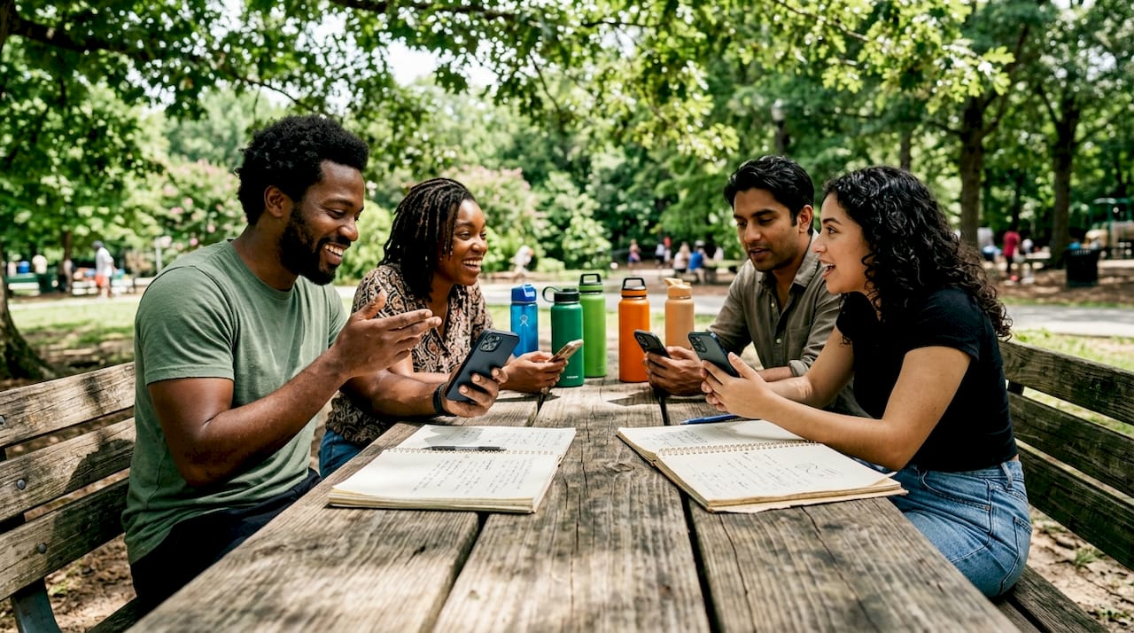 People discussing Caribbean stores in café