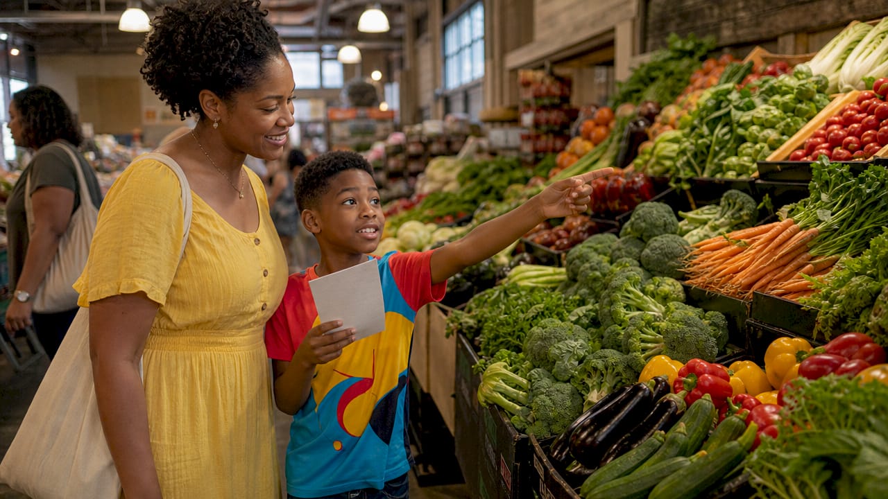 Child learning grocery shopping with mother