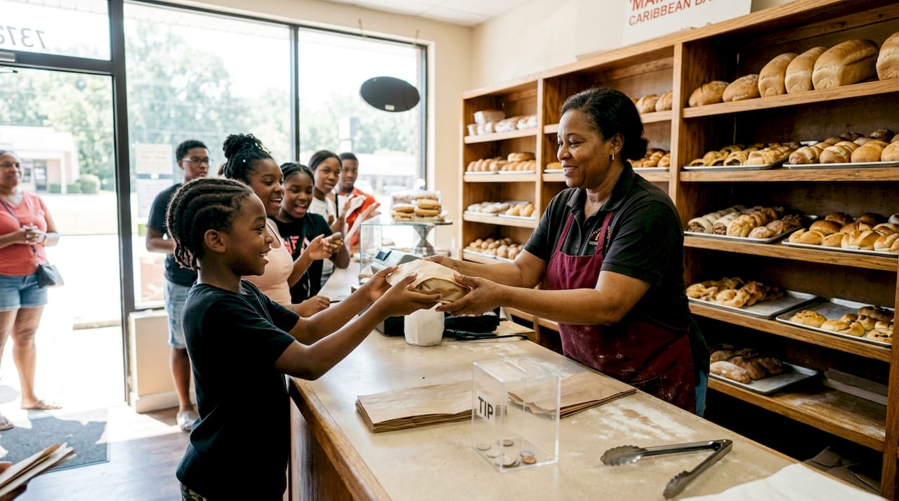 Busy Caribbean bakery counter with employee serving customer
