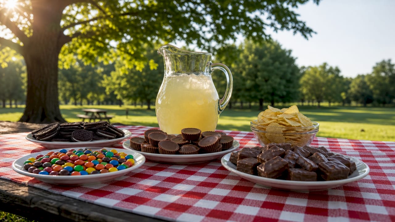 Overhead view of classic American snacks on table