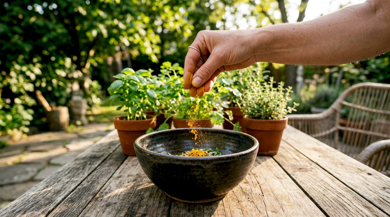 Hand sprinkling turmeric with spices nearby