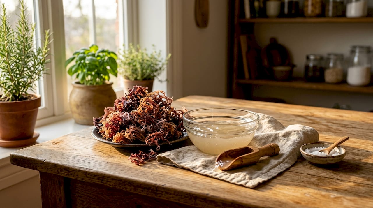 Close-up of raw sea moss and gel on natural table