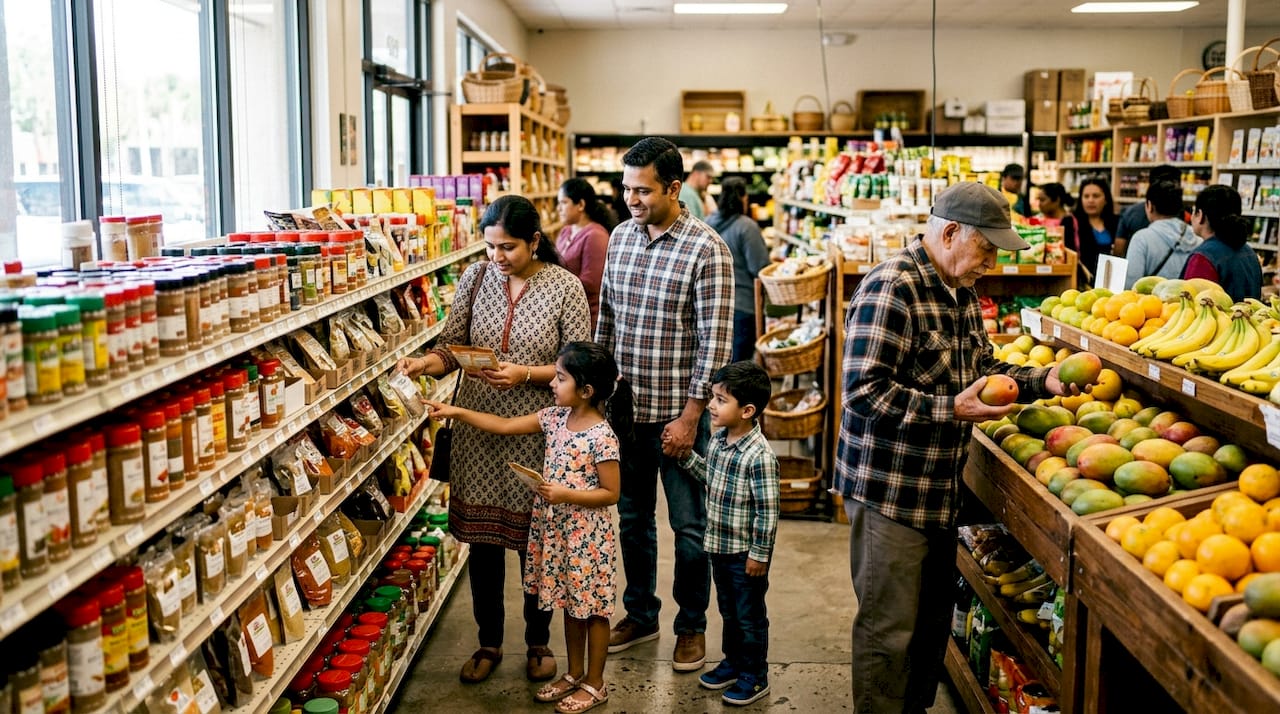 Suburban ethnic grocery storefront with shoppers