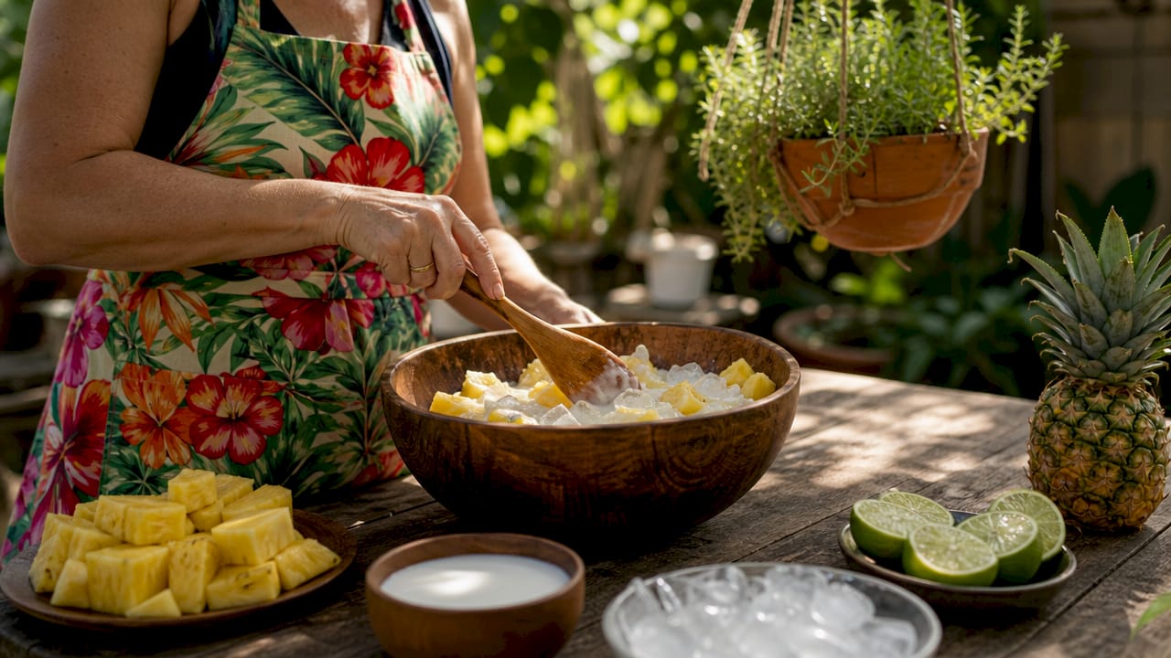Fresh ingredients for blended Piña Colada