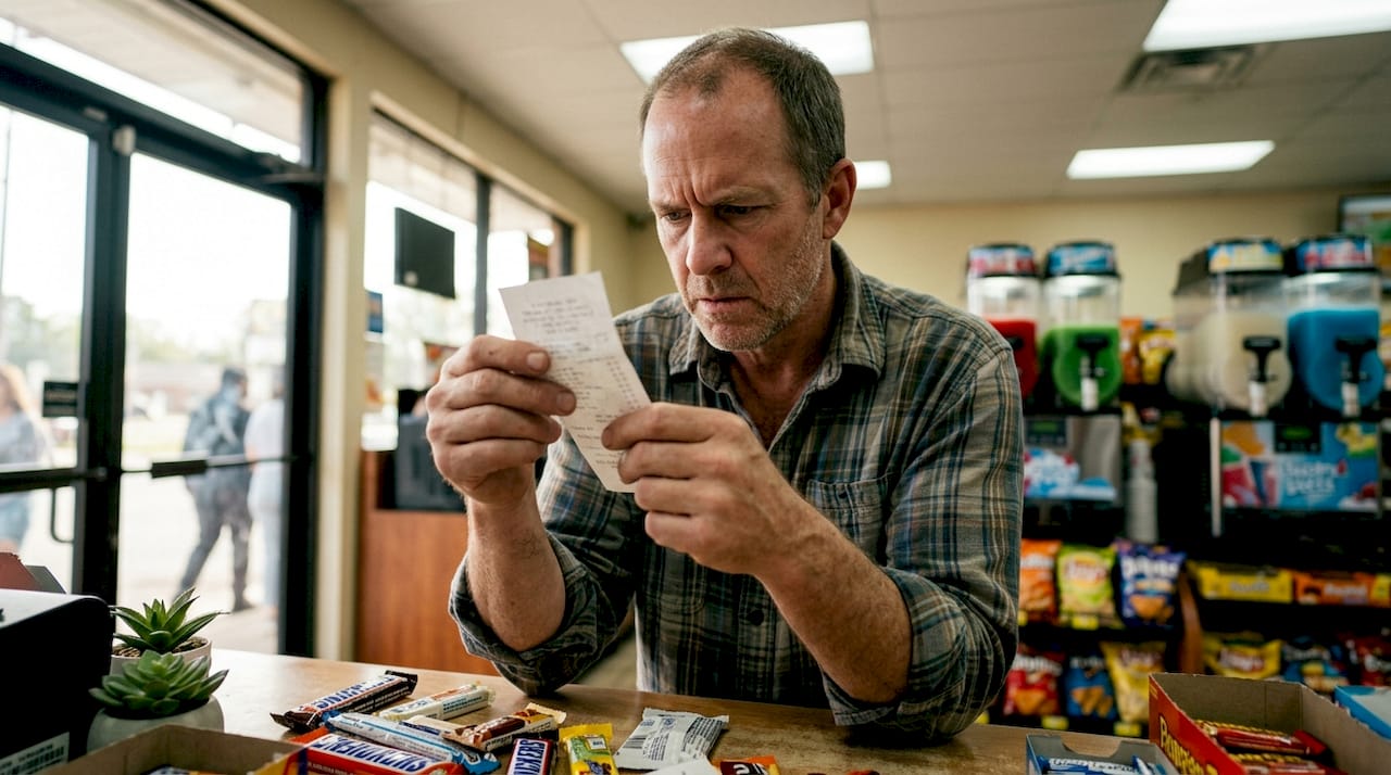 Man checking receipt at convenience store checkout