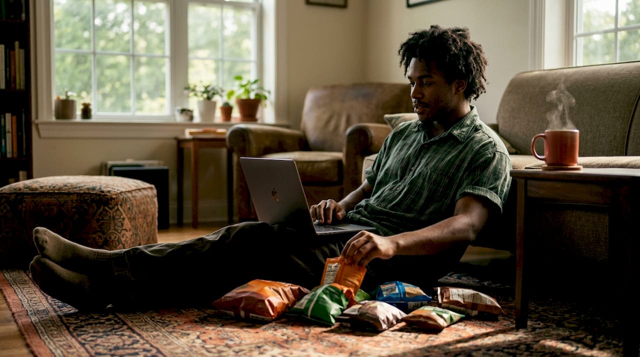 Man browsing regional snacks online at kitchen table