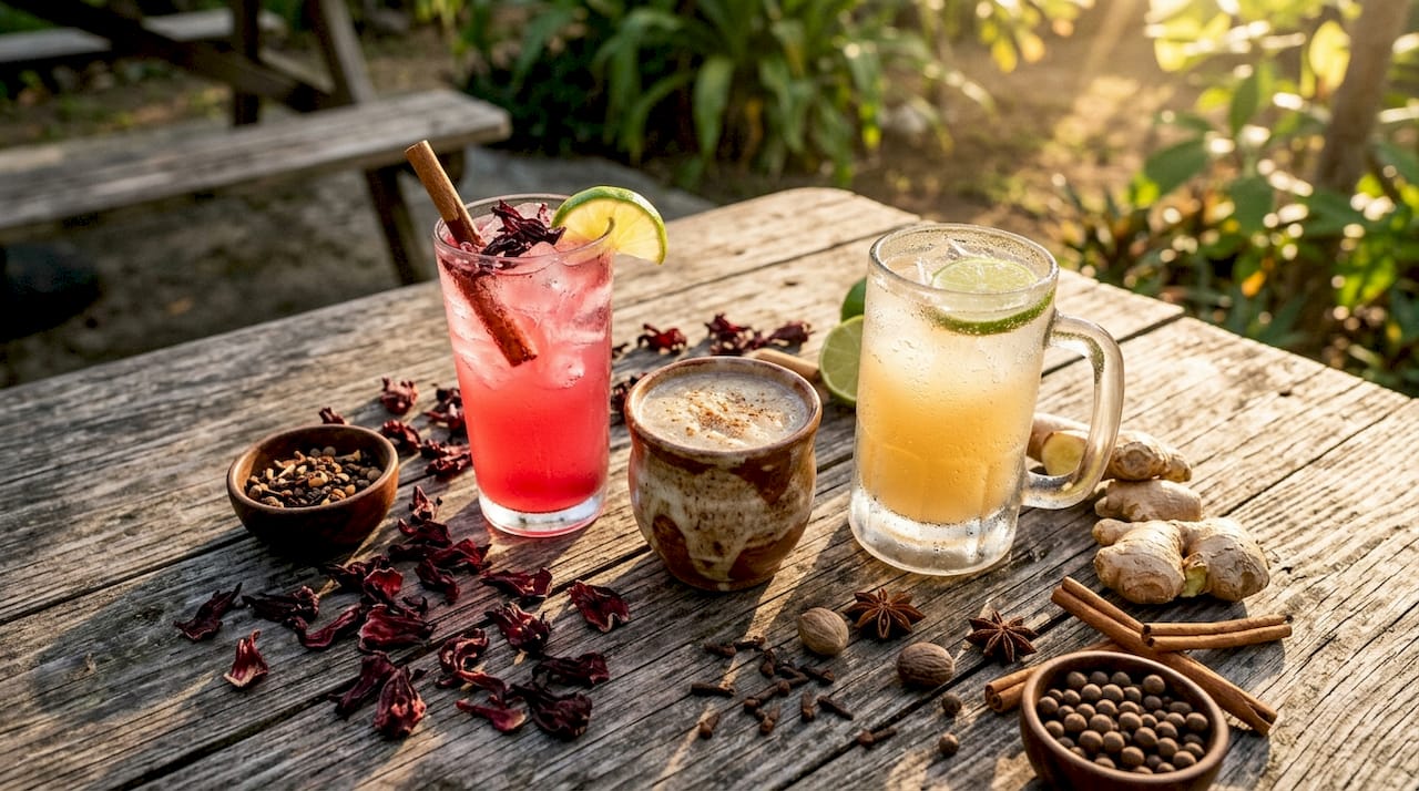 Close-up of Caribbean traditional beverages with spices