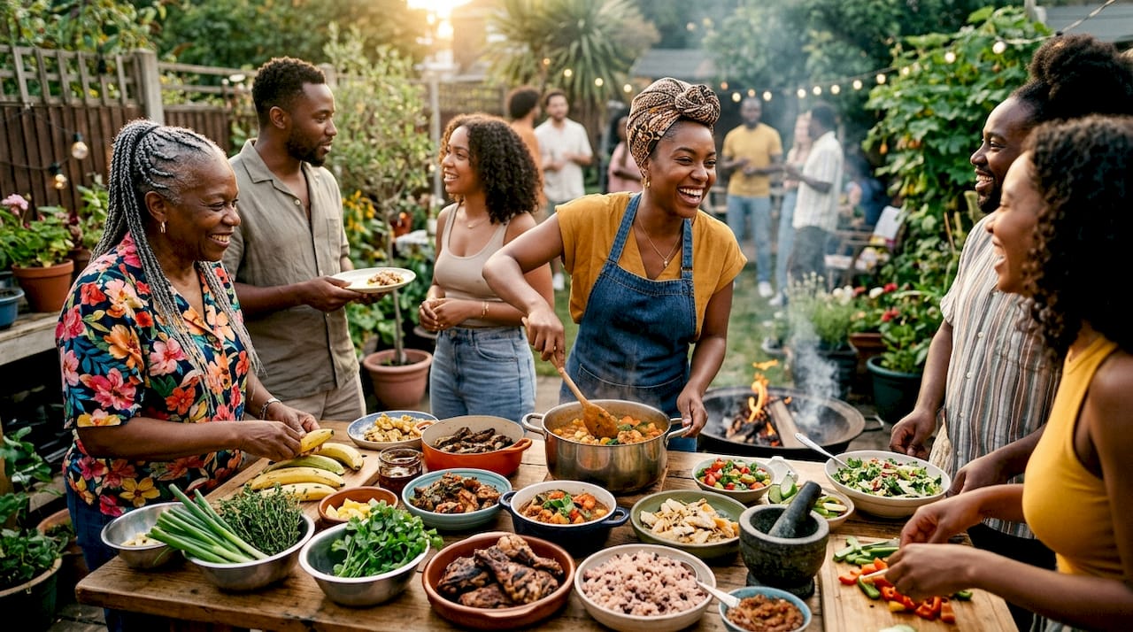 Community members share Caribbean food outdoors