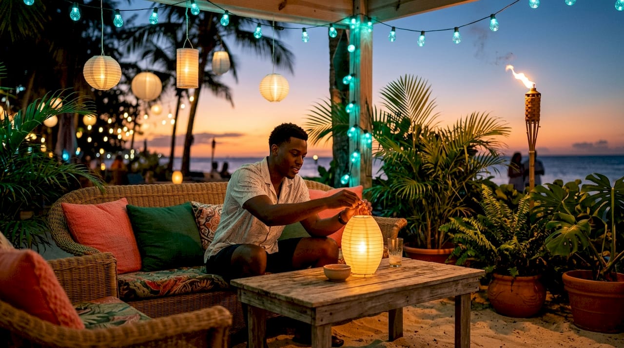 Warm Caribbean party lighting with tiki torches