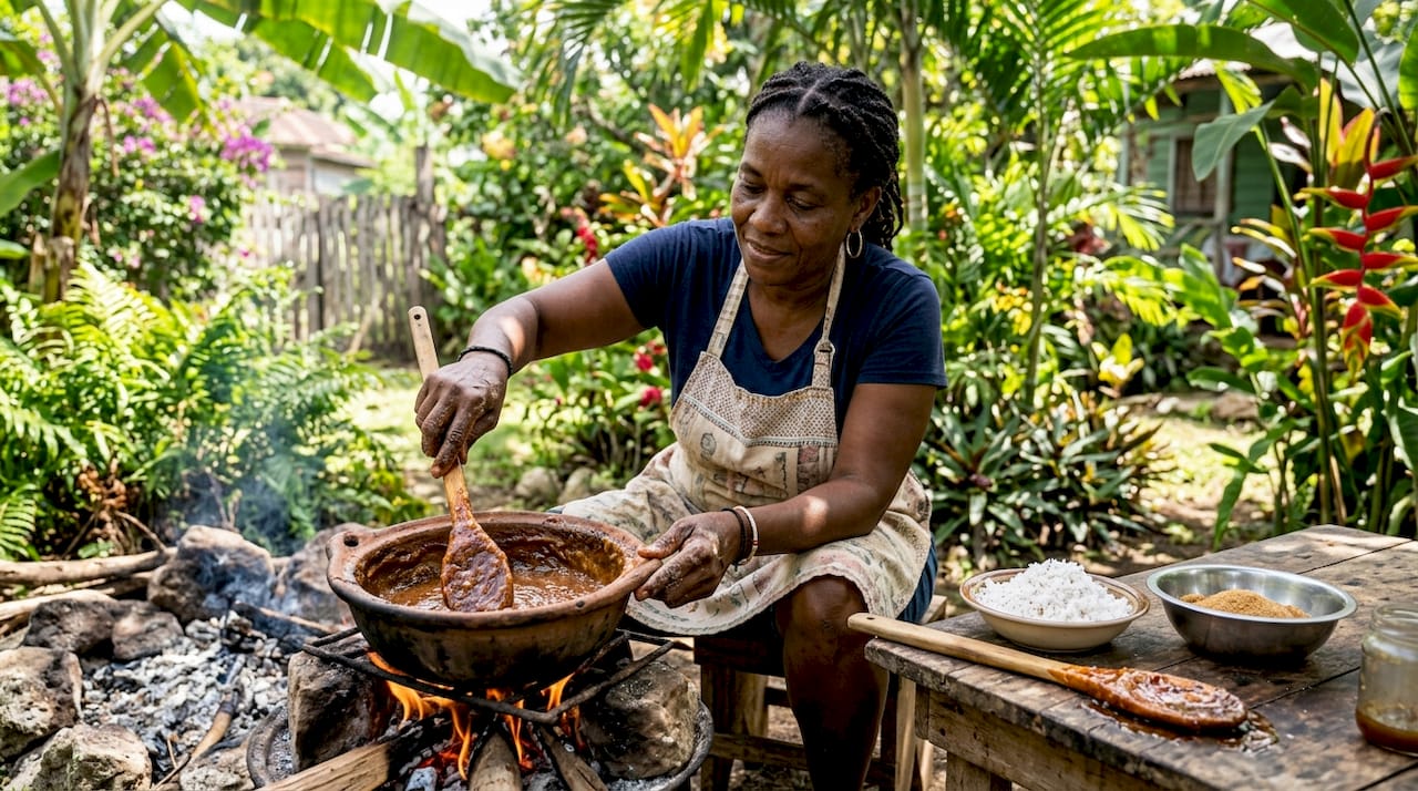 Caribbean woman stirring traditional candy mixture in rustic kitchen